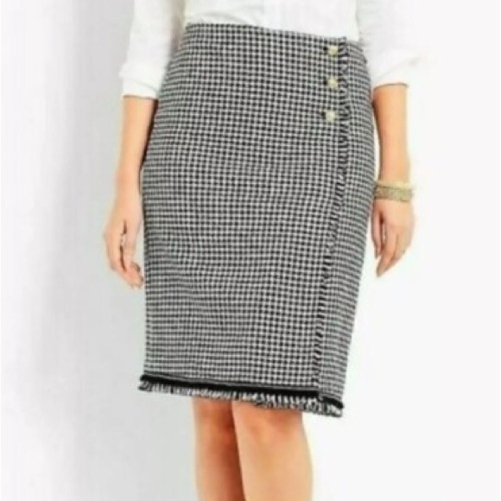 Talbots Houndstooth Faux Wrap Pencil Skirt Size 6P Gold Button Fringe Trim